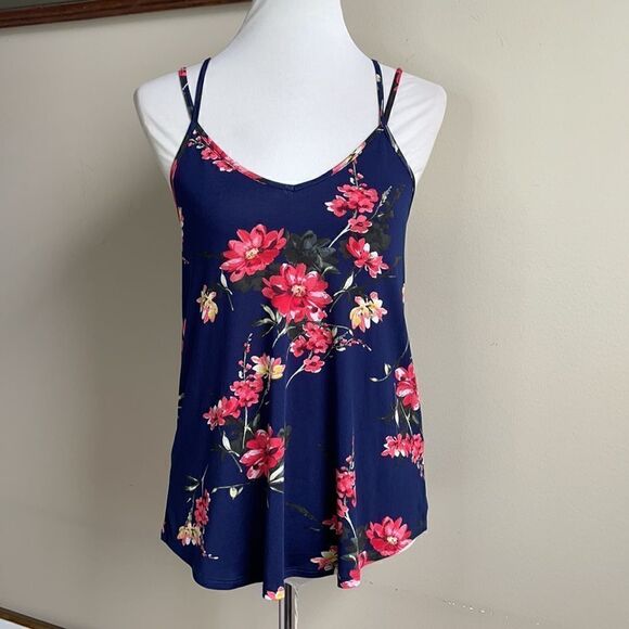 Papermoom Deep Blue Floral Lightweight Tank Top w/Strappy Back (Size: XS) - Picture 3 of 16